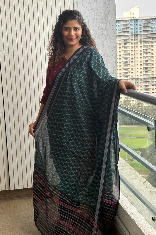 Exclusive Odisha Ikkat Pure Cotton Dupatta-Rama Green