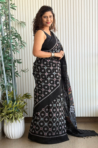 Exclusive Odisha Ikkat Khandua Cotton Saree - Black
