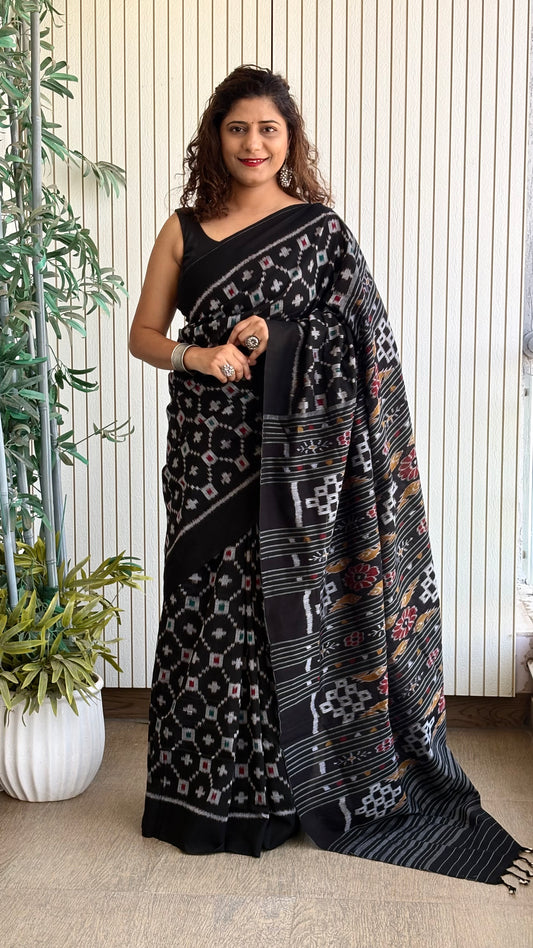 Exclusive Odisha Ikkat Khandua Cotton Saree - Black
