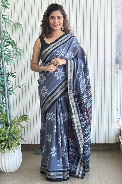 Odisha Handloom Single Ikkat Cotton Saree-Grey