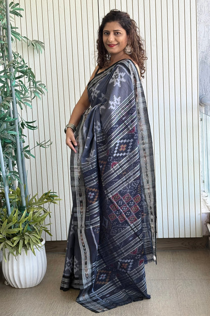 Odisha Handloom Single Ikkat Cotton Saree-Grey