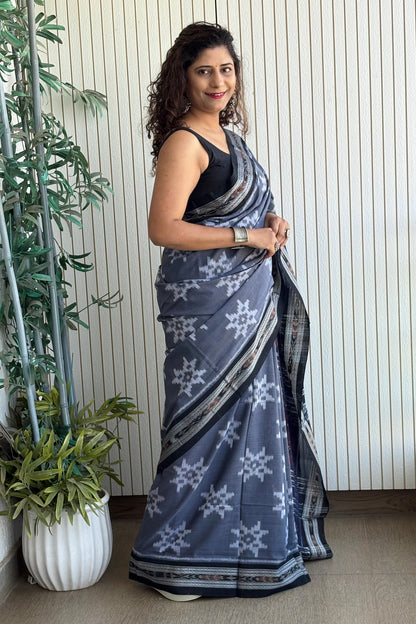 Odisha Handloom Single Ikkat Cotton Saree-Grey