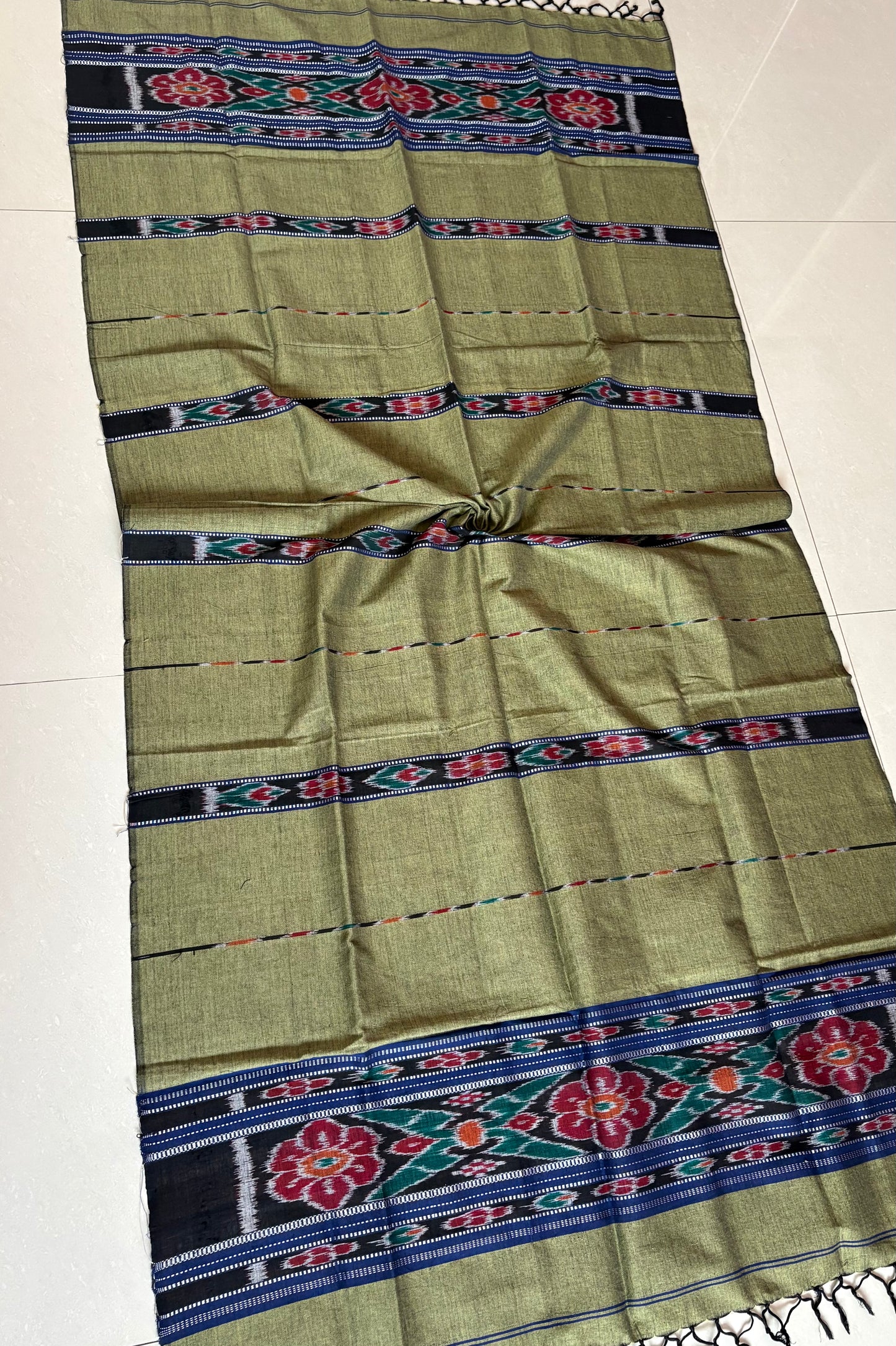 Odisha Ikkat Pure Cotton Stole-Olive Green