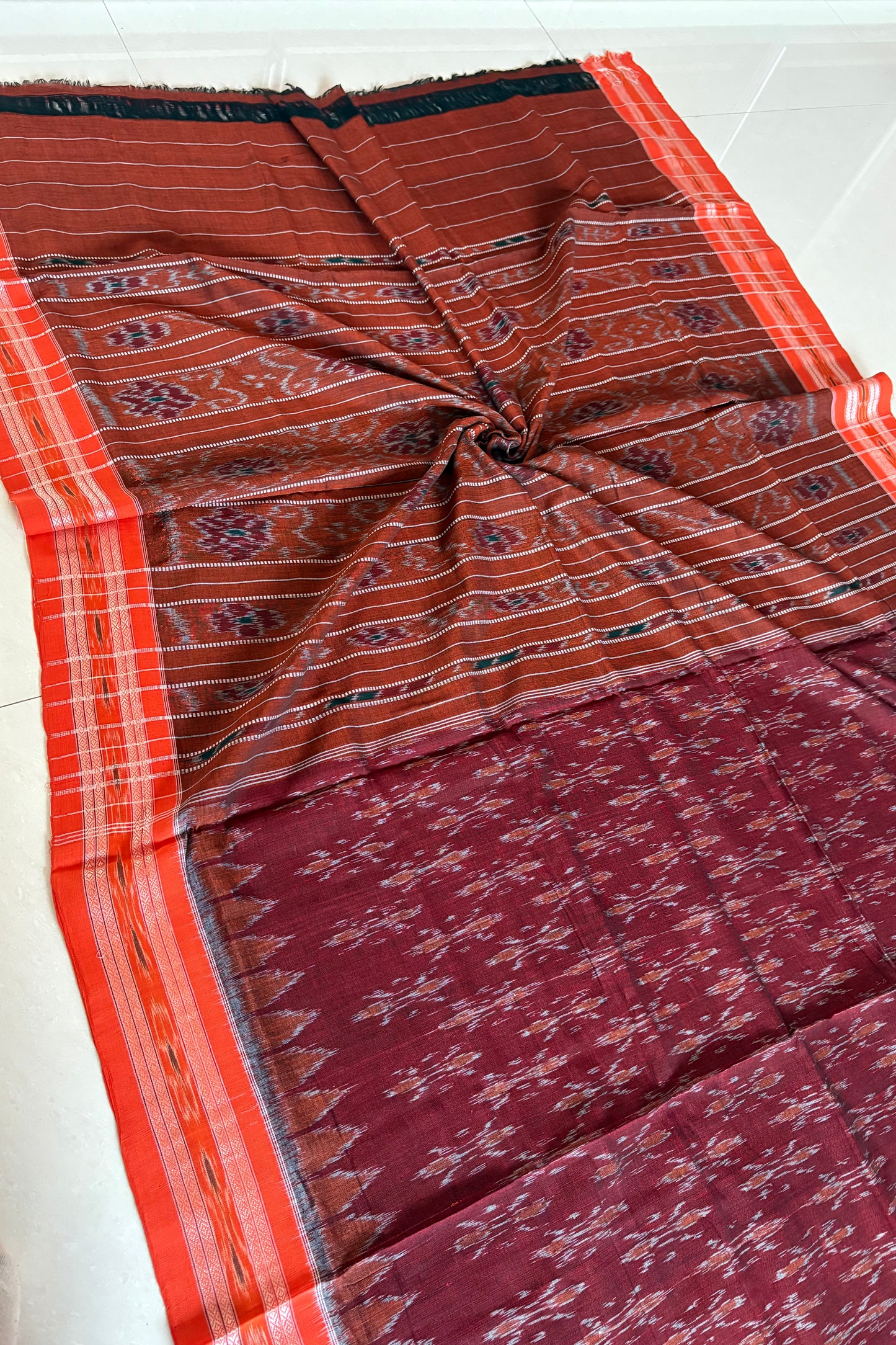 Odisha Ikkat Khandua Cotton Saree -Maroon-Orange