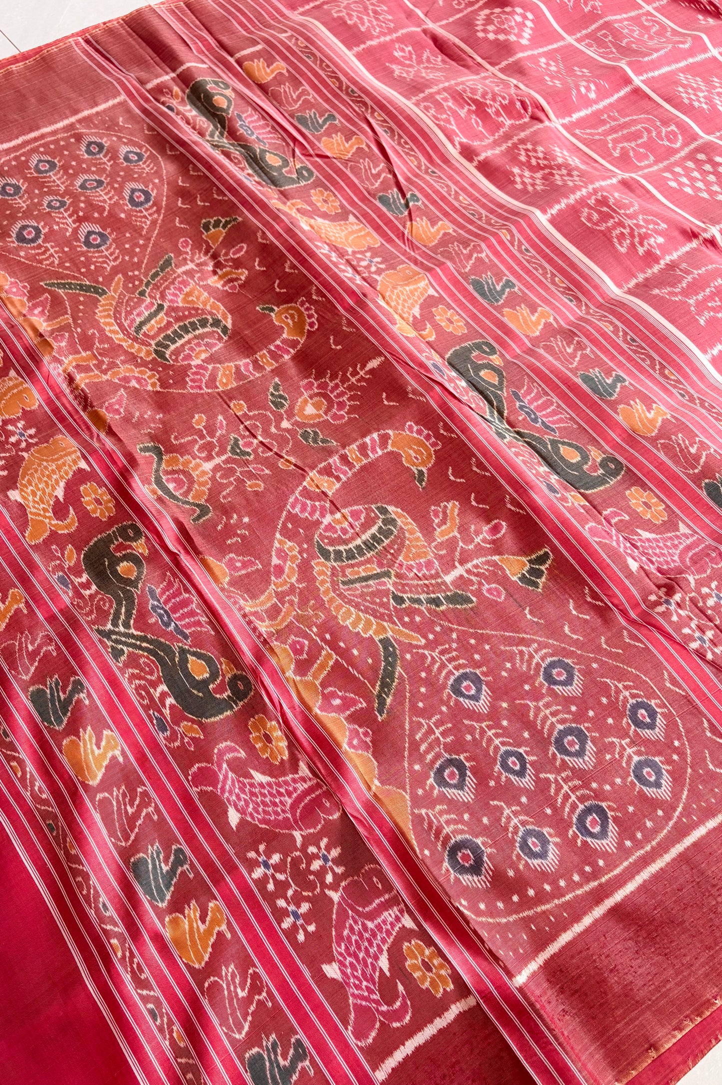 Exclusive Odisha Ikkat Nabakothi Pure Silk Saree- Carrot Red