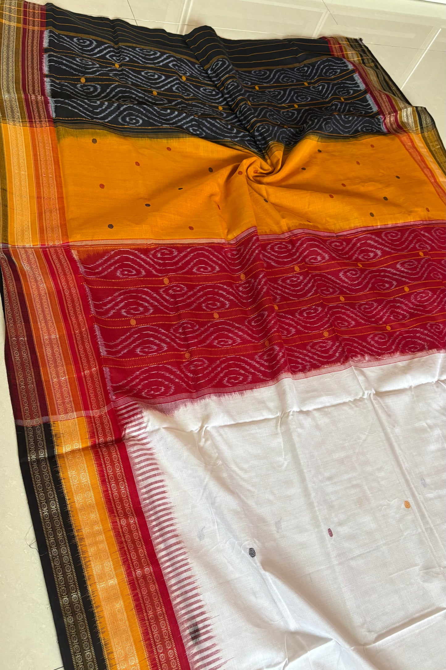 Kathifera Triple Border Ikkat Cotton Saree - White