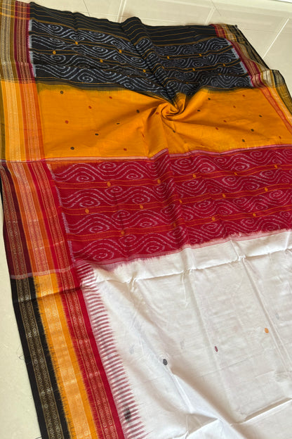 Kathifera Triple Border Ikkat Cotton Saree - White