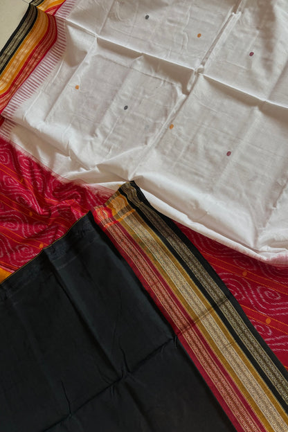 Kathifera Triple Border Ikkat Cotton Saree - White