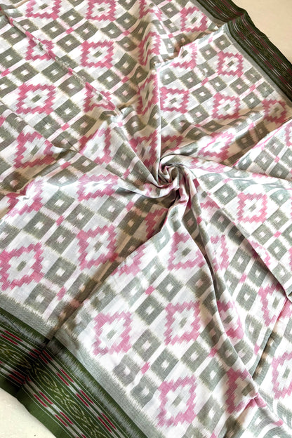 Odisha Ikkat Khandua Cotton Saree- White-Green