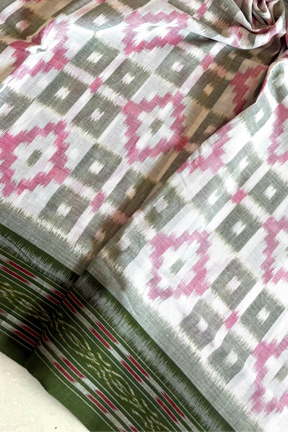 Odisha Ikkat Khandua Cotton Saree- White-Green