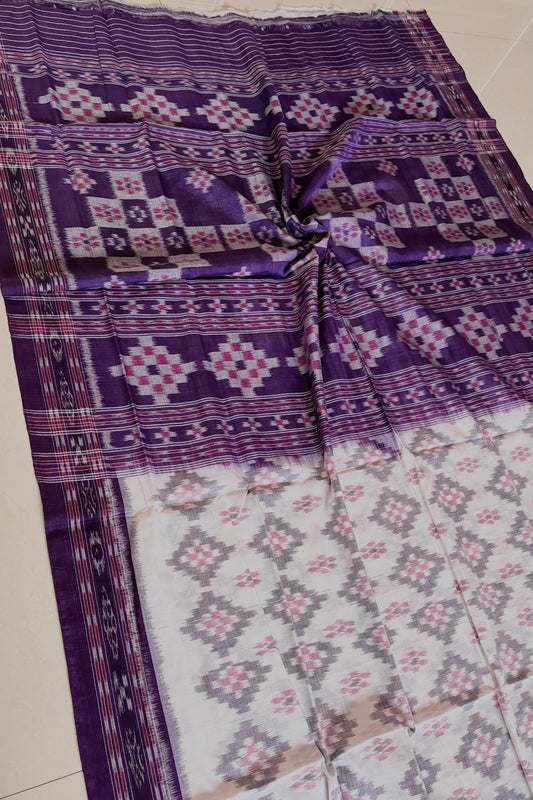 Odisha Ikkat Khandua Cotton Saree- White-Purple