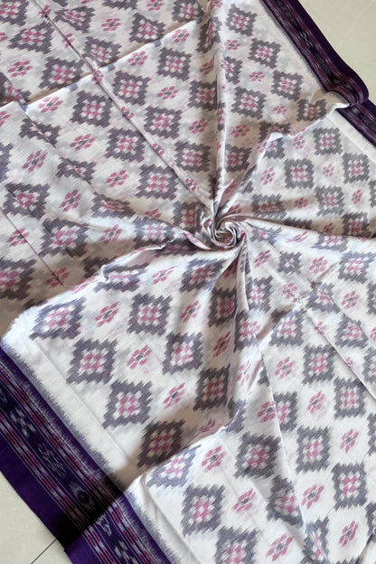 Odisha Ikkat Khandua Cotton Saree- White-Purple