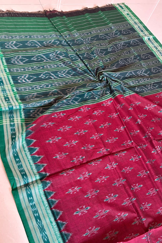 Odisha Ikkat Khandua Cotton Saree -Maroon-Green