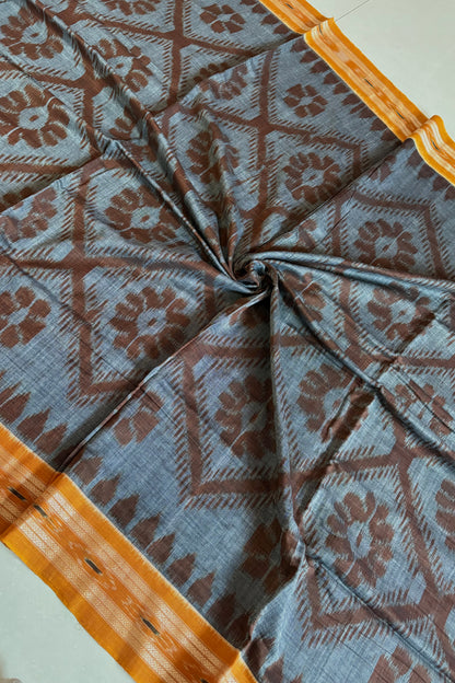 Odisha Ikkat Khandua Cotton Saree - Grey-Yellow