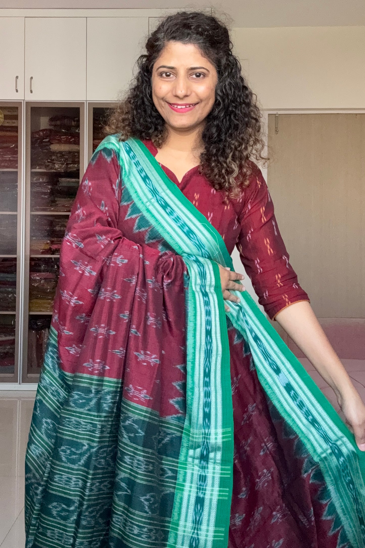 Odisha Ikkat Khandua Cotton Saree -Maroon-Green
