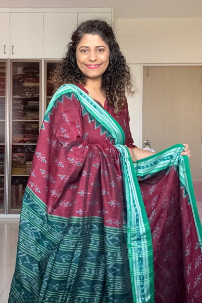 Odisha Ikkat Khandua Cotton Saree -Maroon-Green