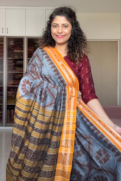 Odisha Ikkat Khandua Cotton Saree - Grey-Yellow
