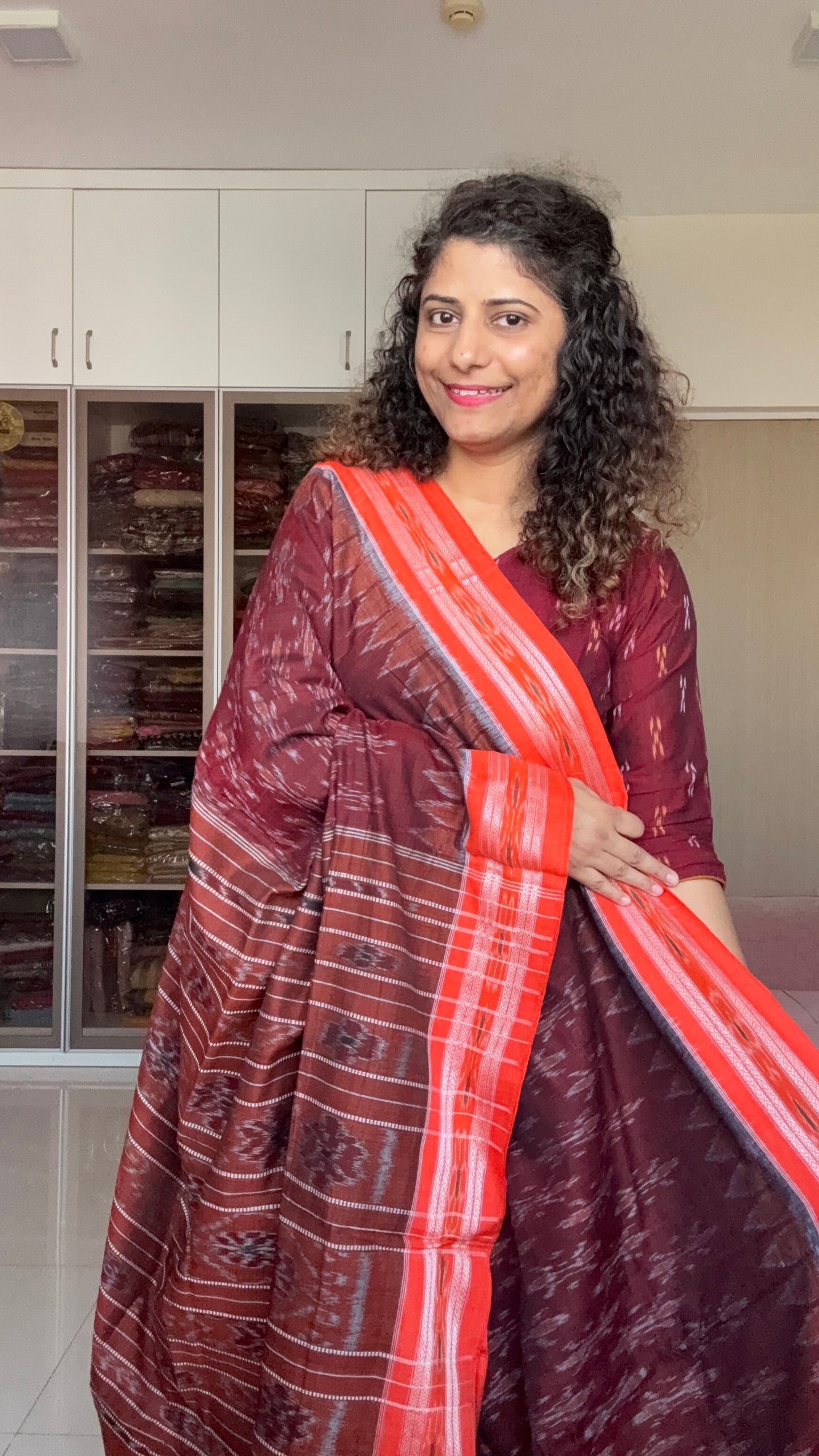 Odisha Ikkat Khandua Cotton Saree -Maroon-Orange