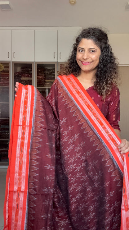 Odisha Ikkat Khandua Cotton Saree -Maroon-Orange