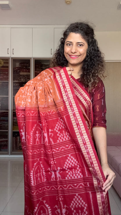 Exclusive Odisha Ikkat Khandua Cotton Saree - Rust Brown