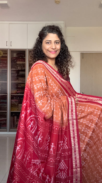 Exclusive Odisha Ikkat Khandua Cotton Saree - Rust Brown