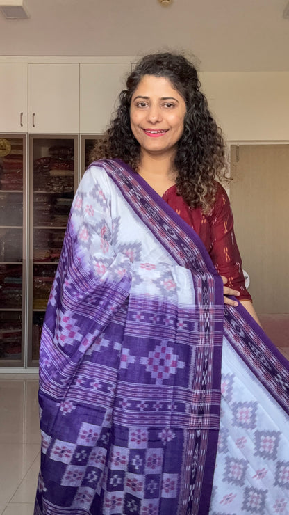Odisha Ikkat Khandua Cotton Saree- White-Purple
