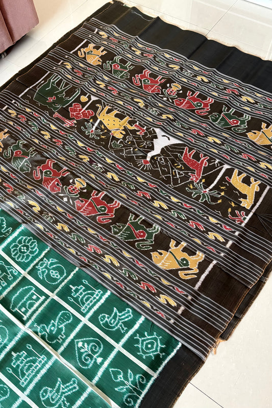 Nabakothi Khandua Ikkat Silk Saree: Dual tone english Green