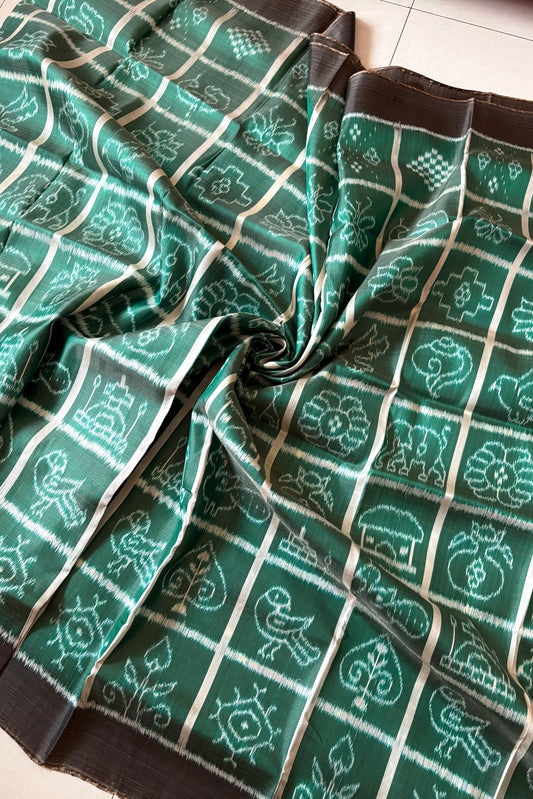 Nabakothi Khandua Ikkat Silk Saree: Dual tone english Green