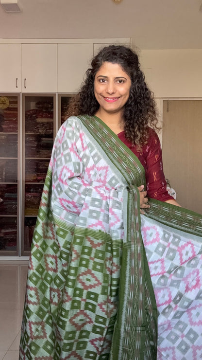 Odisha Ikkat Khandua Cotton Saree- White-Green