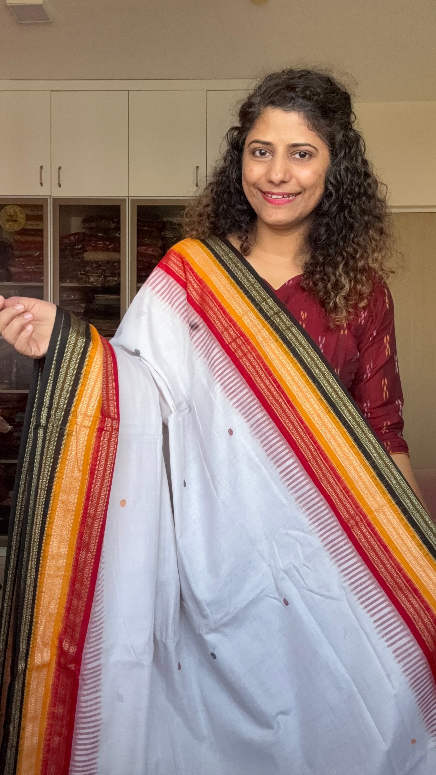 Kathifera Triple Border Ikkat Cotton Saree - White