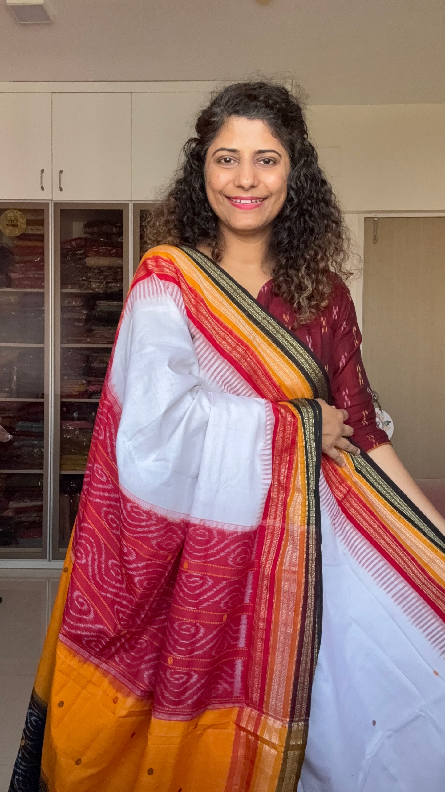 Kathifera Triple Border Ikkat Cotton Saree - White