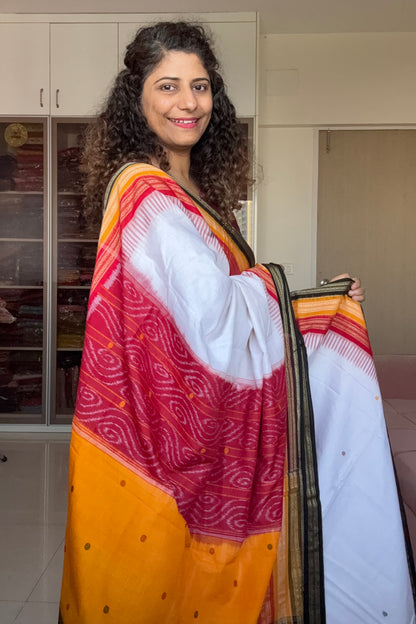 Kathifera Triple Border Ikkat Cotton Saree - White