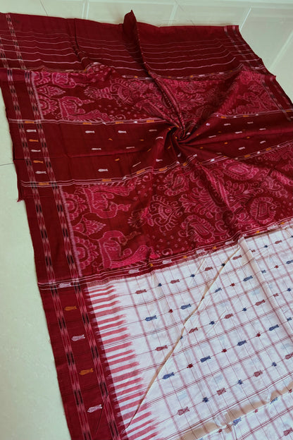 Exclusive Odisha Ikkat Hazaar Buti Cotton Saree- White Maroon