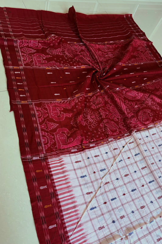 Exclusive Odisha Ikkat Hazaar Buti Cotton Saree- White Maroon