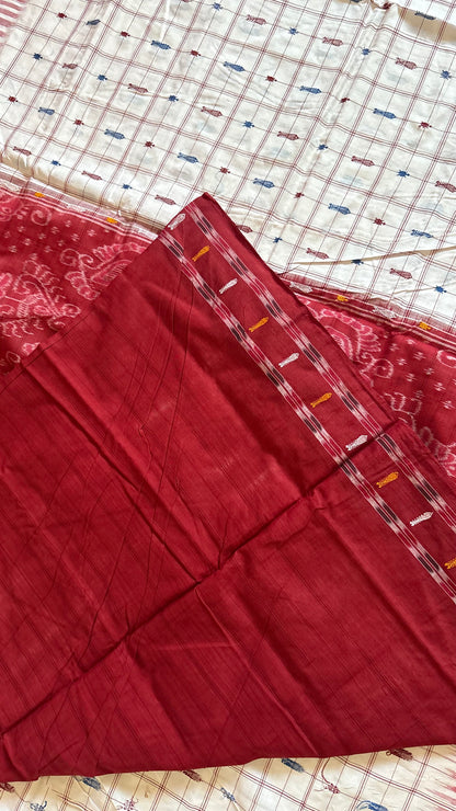 Exclusive Odisha Ikkat Hazaar Buti Cotton Saree- White Maroon