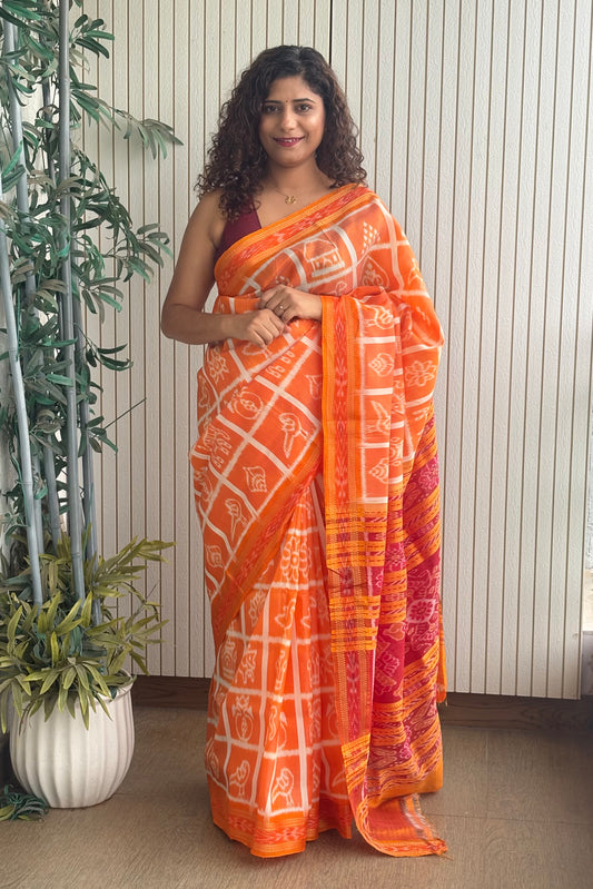 Nabakothi Khandua Pure Silk Saree- Shot Orange