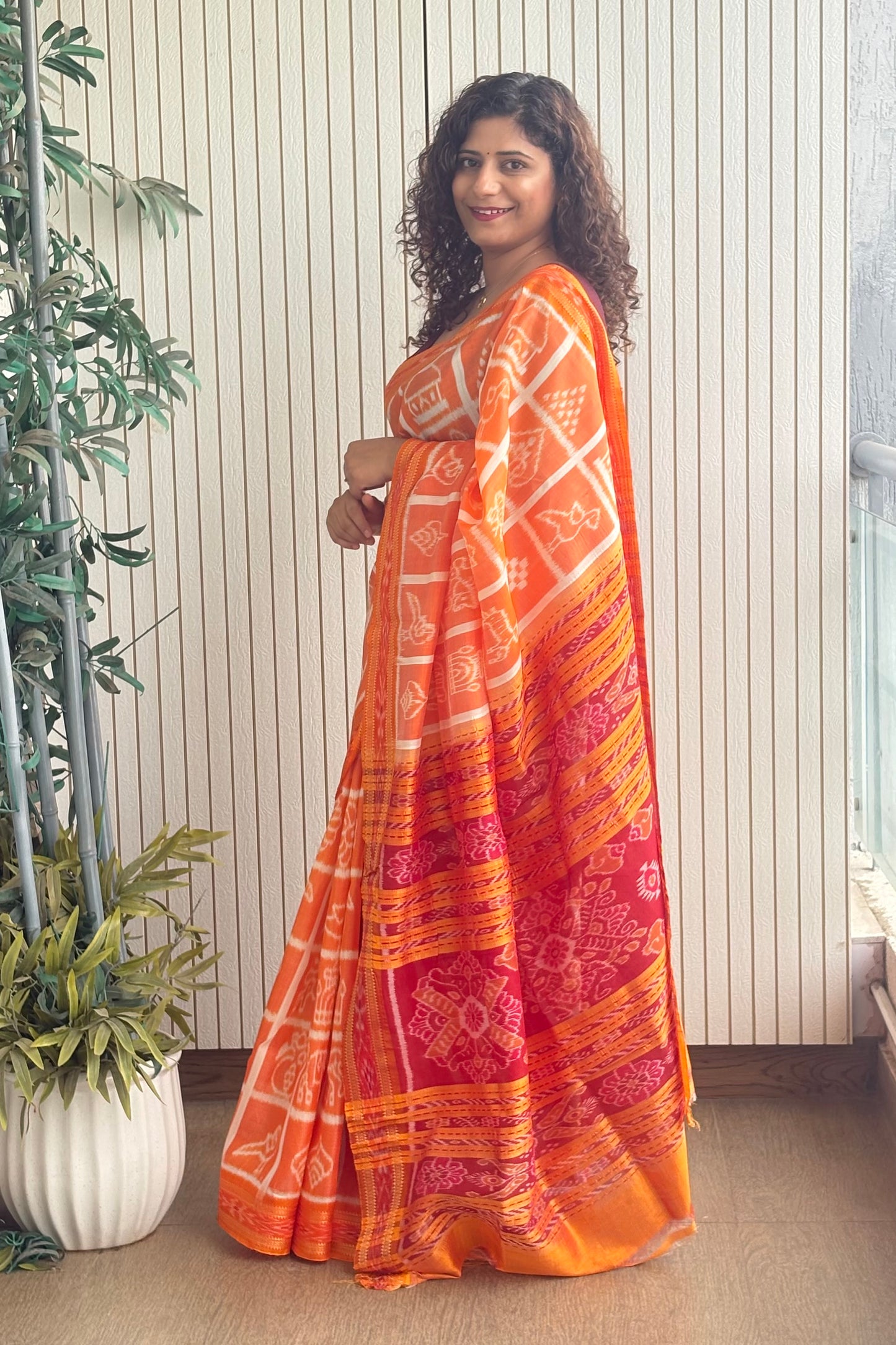 Nabakothi Khandua Pure Silk Saree- Shot Orange