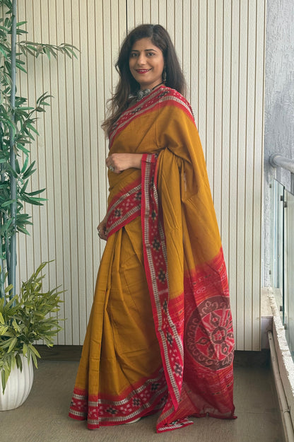 Plain Body Khandua Cotton Saree - Khaki