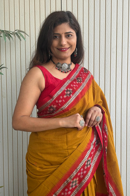 Plain Body Khandua Cotton Saree - Khaki