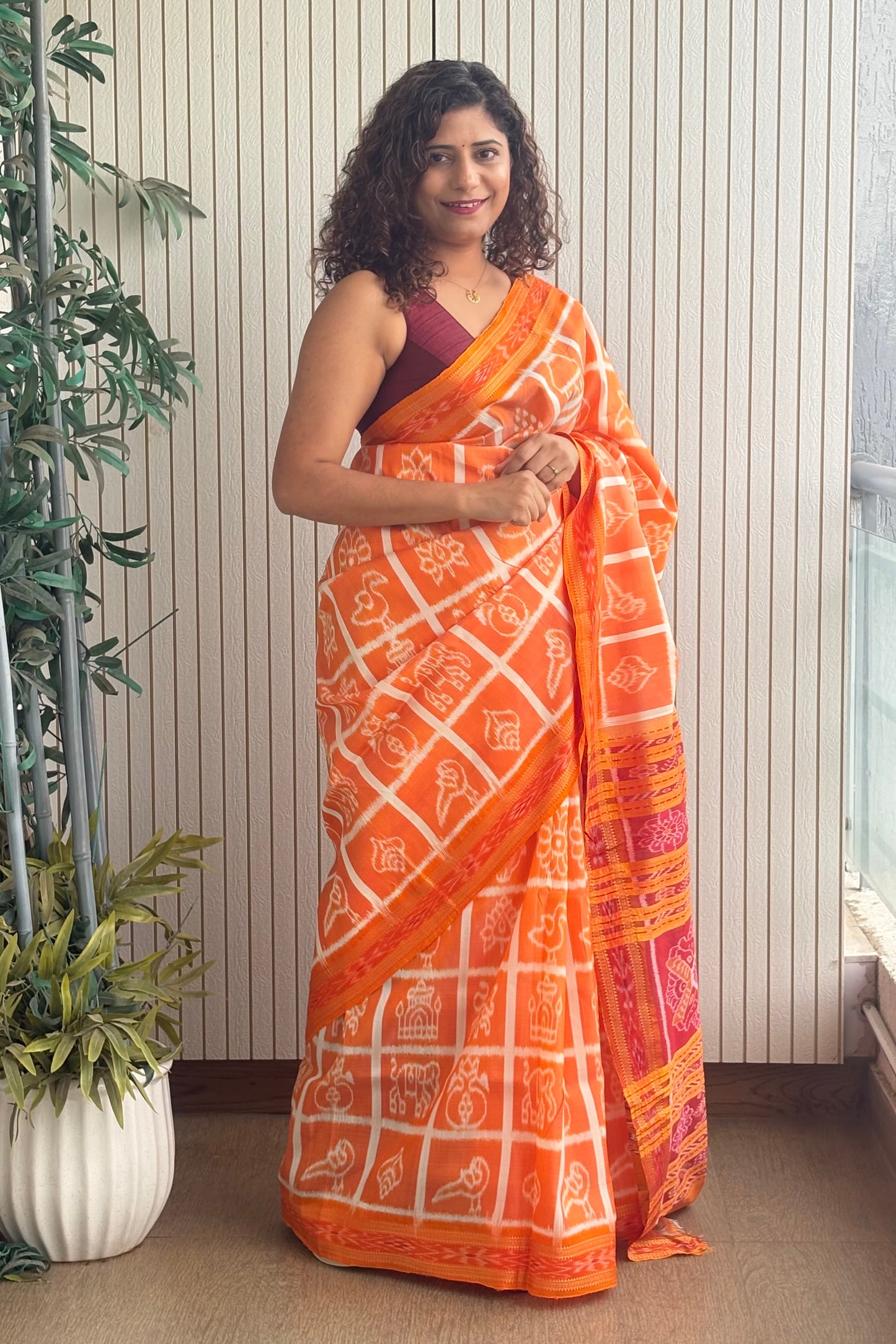 Nabakothi Khandua Pure Silk Saree- Shot Orange