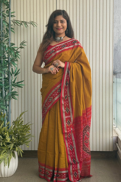 Plain Body Khandua Cotton Saree - Khaki
