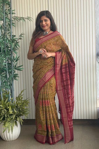 Exclusive Odisha Ikkat Khandua Cotton Saree - Olive Yellow