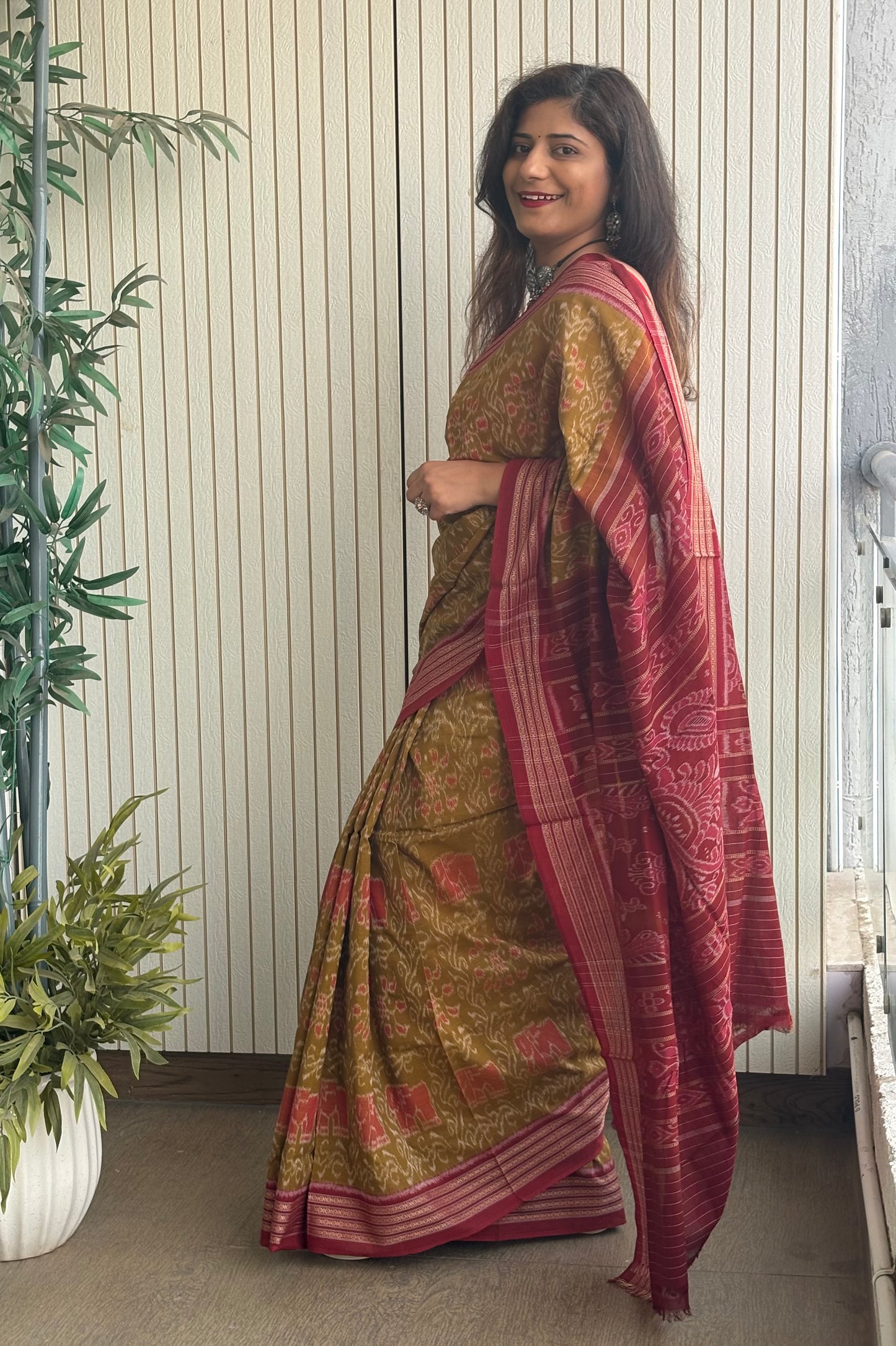 Exclusive Odisha Ikkat Khandua Cotton Saree - Olive Yellow