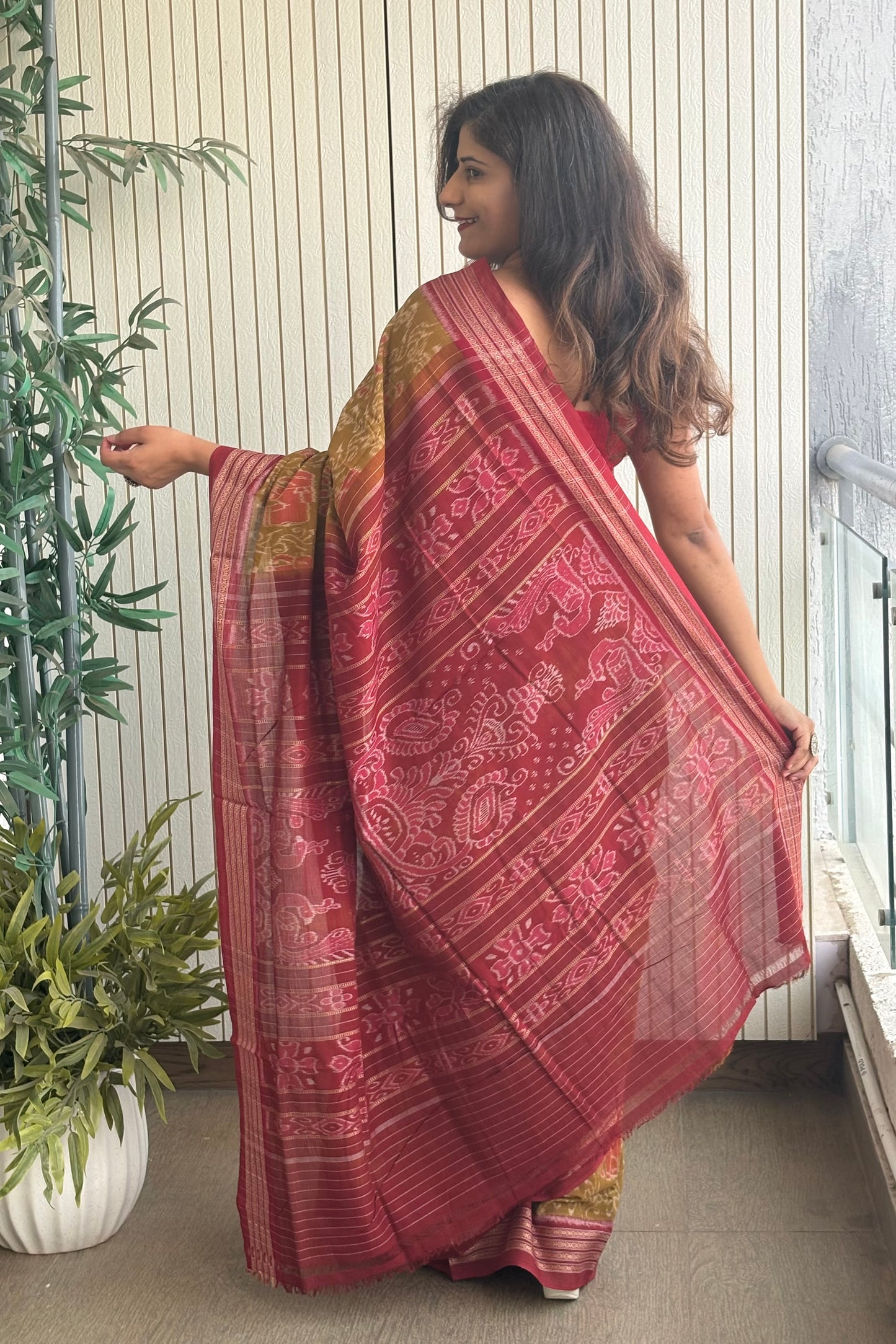 Exclusive Odisha Ikkat Khandua Cotton Saree - Olive Yellow