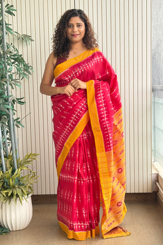 Odisha Ikkat Khandua Pure Silk Saree- Dual Tone Carrot Red