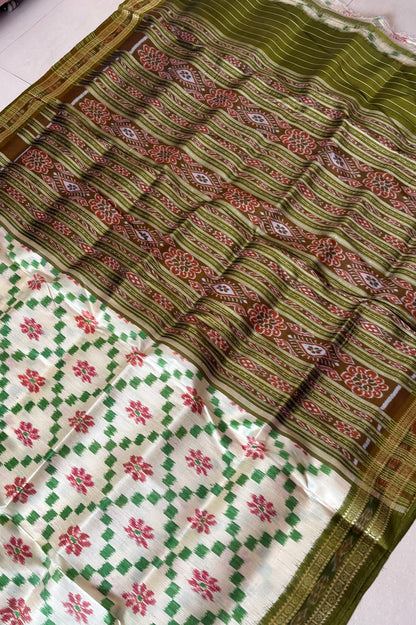 Odisha Ikkat Khandua Pure Silk Saree- Off White & Green