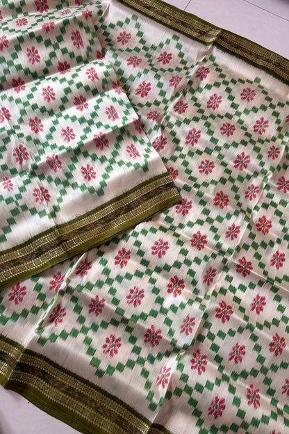 Odisha Ikkat Khandua Pure Silk Saree- Off White & Green