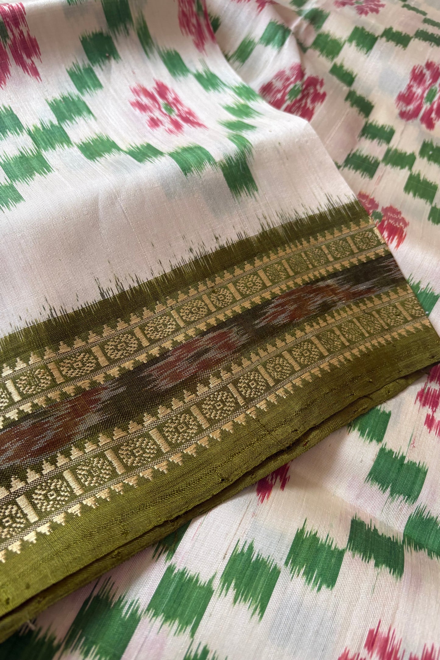 Odisha Ikkat Khandua Pure Silk Saree- Off White & Green