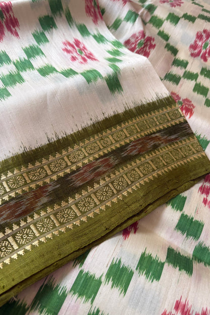Odisha Ikkat Khandua Pure Silk Saree- Off White & Green