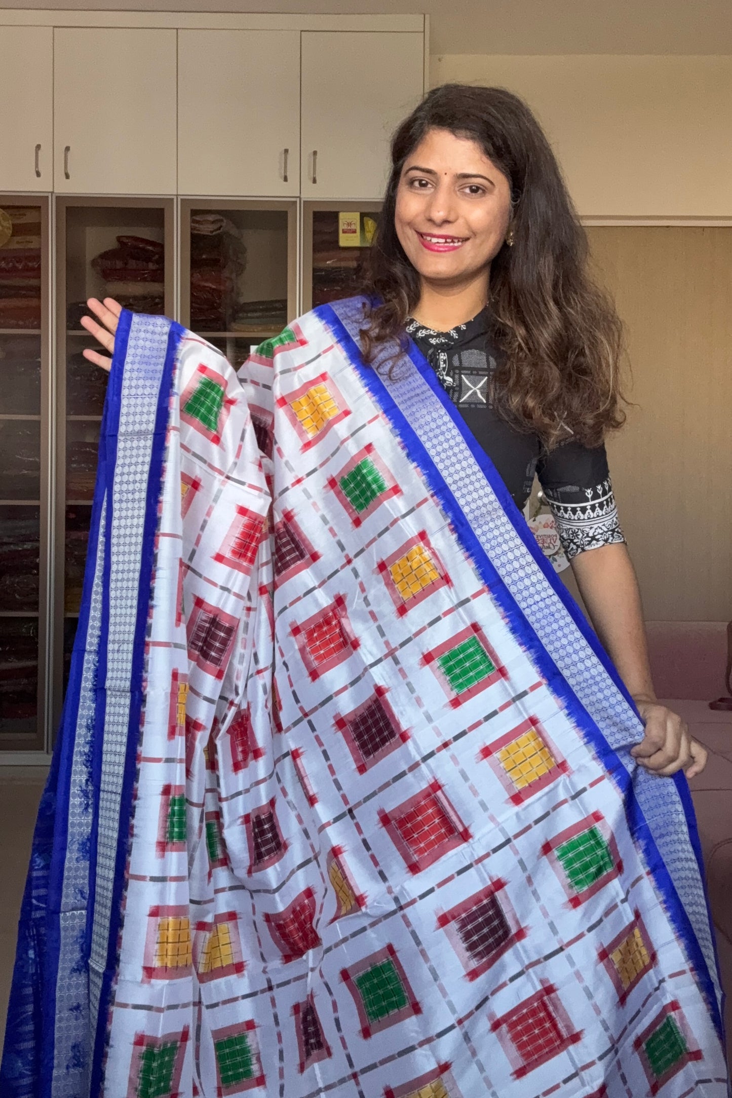 Exclusive Sambalpuri Pure Silk Saree - White-Blue